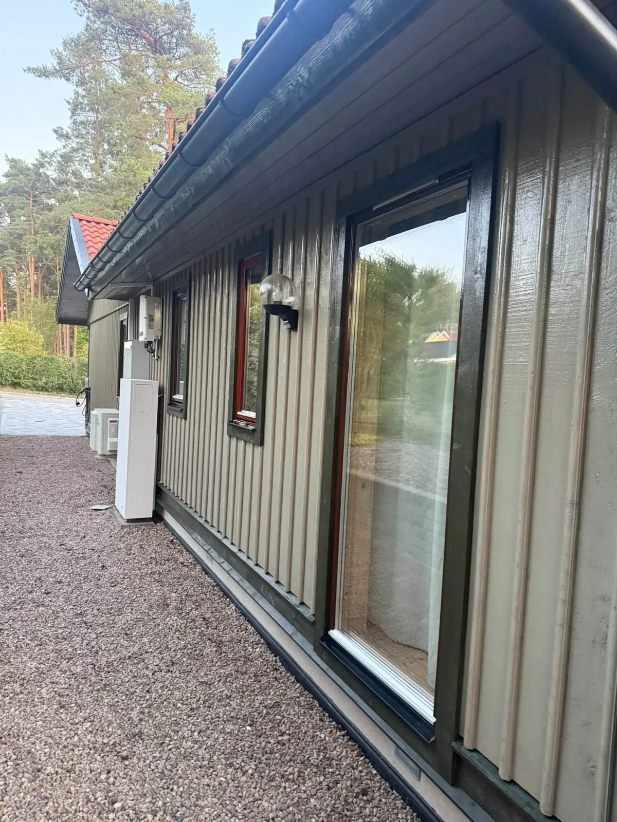 Långsida på ett trähus med olivgrön panel och mörkgröna fönsterfoder, tallar i bakgrunden